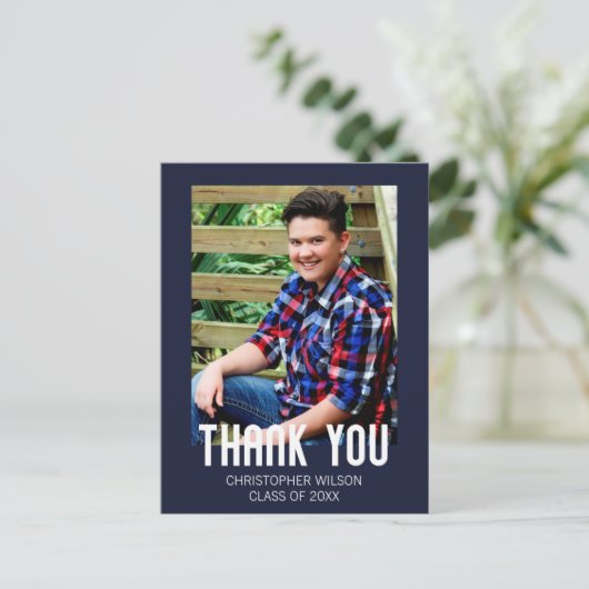 Foto-afstudeerkaart bedankt met blauwe rand briefkaart (Staand voorkant)