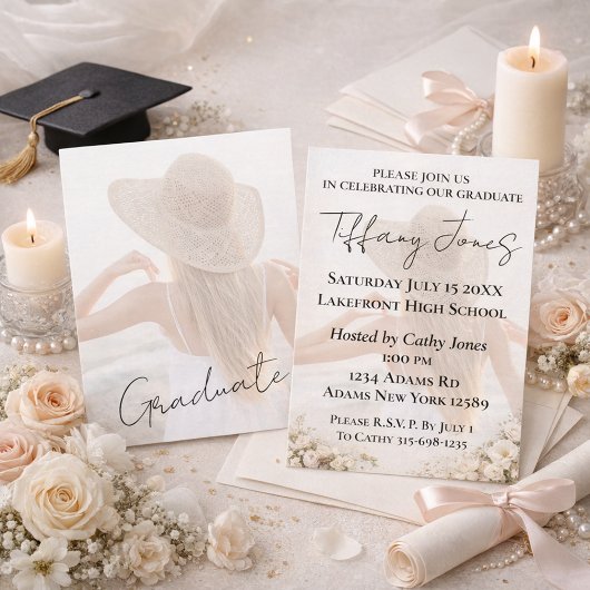 Foto afstudeeruitnodiging met script typografie kaart
