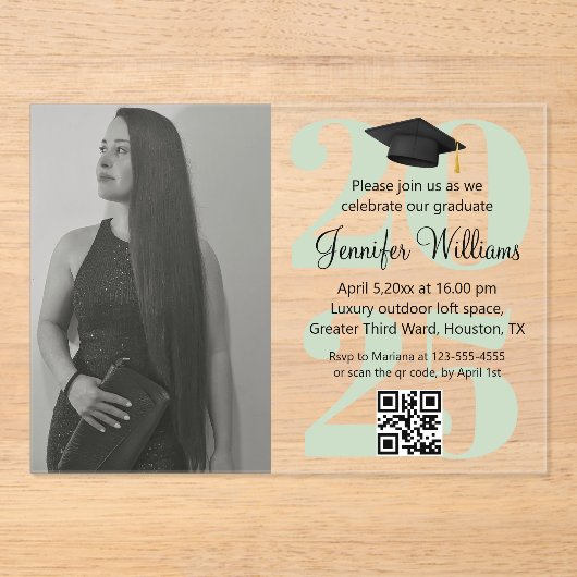 Foto afstuderen 2025 Partij QR Code Groen Script Acryl Uitnodigingen (Voorkant)