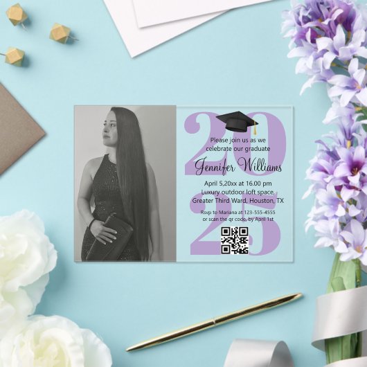 Foto afstuderen 2025 Party QR Code paarse script Acryl Uitnodigingen (Insitu (Huwelijk))