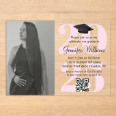 Foto afstuderen 2025 Party QR Code Roze Script Acryl Uitnodigingen (Voorkant)