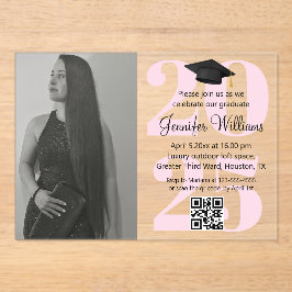Foto afstuderen 2025 Party QR Code Roze Script Acryl Uitnodigingen
