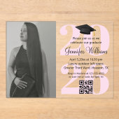 Foto afstuderen 2025 Party QR Code Roze Script Acryl Uitnodigingen (Voorkant)