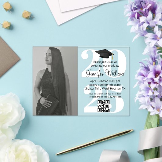 Foto afstuderen 2025 Party QR Code Wit Script Acryl Uitnodigingen (Insitu (Huwelijk))