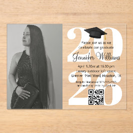 Foto afstuderen 2025 Party QR Code Wit Script Acryl Uitnodigingen