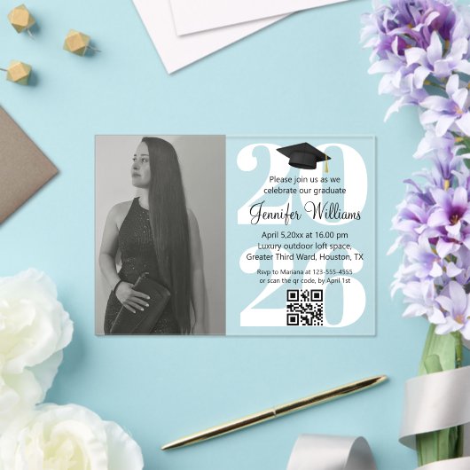 Foto afstuderen 2025 Party QR Code Wit Script Acryl Uitnodigingen (Insitu (Huwelijk))