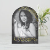 Foto Afstuderen Aankondiging Zwart & Goud Bloemen (Staand voorkant)