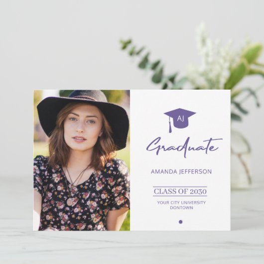 Foto afstuderen afstuderen aankondiging paars (Staand voorkant)