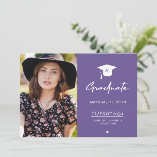 Foto afstuderen afstuderen aankondiging paars (Staand voorkant)