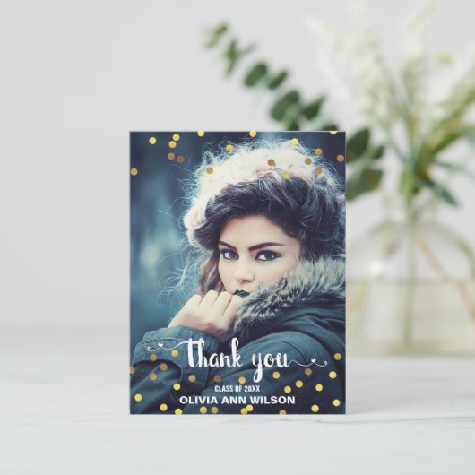 Foto Afstuderen Bedankt Faux Gold Foil Confetti Briefkaart (Staand voorkant)