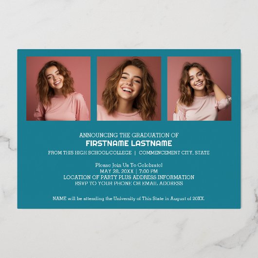 Foto afstuderen - bijtend script met Afstudeerder  Folie Uitnodiging (Achterkant)