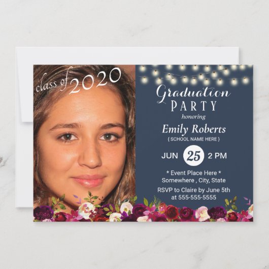Foto Afstuderen Burgundy Red Floral Navy Blue Kaart (Voorkant)