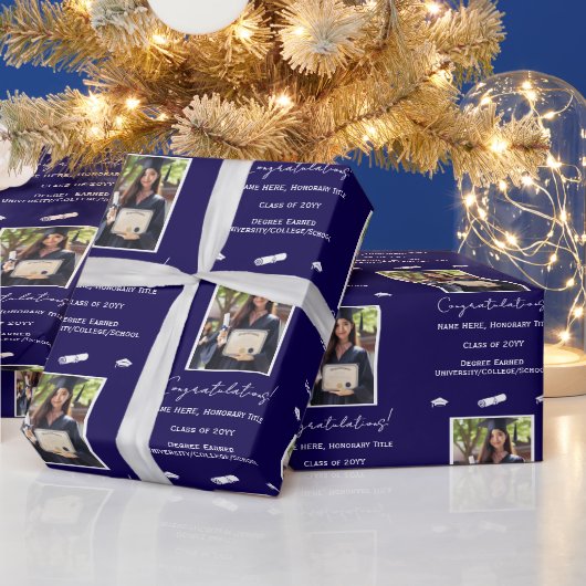 Foto Afstuderen Cap Diploma Gefeliciteerd, blauw Cadeaupapier (Feestdagen)