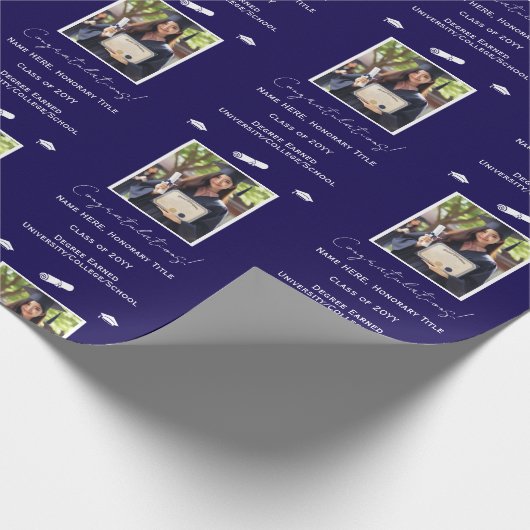 Foto Afstuderen Cap Diploma Gefeliciteerd, blauw Cadeaupapier (Hoek)