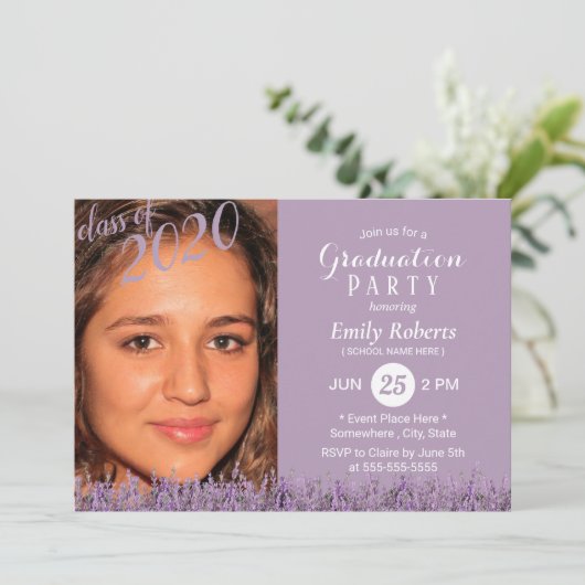 Foto Afstuderen Classy Lavender Floral Paars Kaart (Staand voorkant)