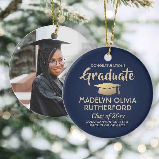 Foto Afstuderen Congrats Modern Navy Blue & Gold Keramisch Ornament