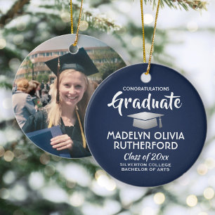 Foto Afstuderen Congrats Modern Navy Blue & White Keramisch Ornament