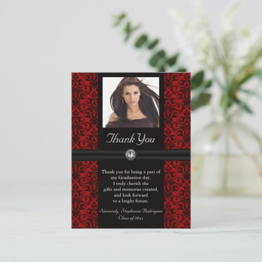 Foto Afstuderen Dank u kaart zwart/rood Damask (Staand voorkant)