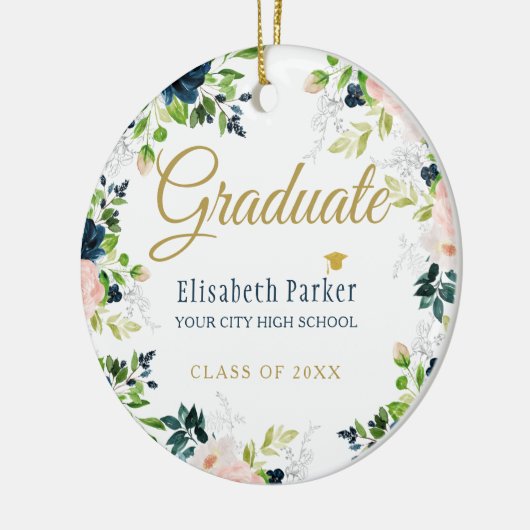 Foto afstuderen elegant gold script class jaar keramisch ornament (Links)