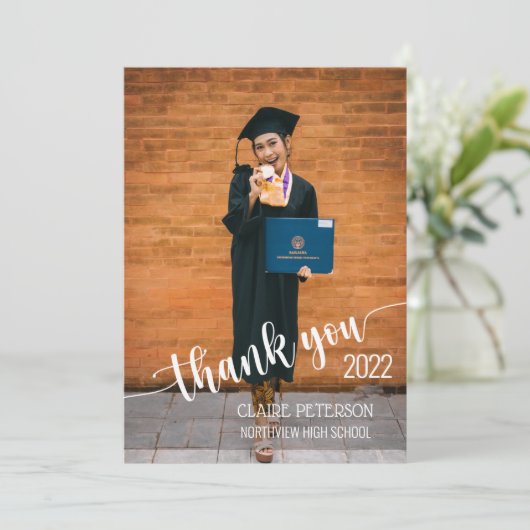 Foto Afstuderen Elegant Script Hartelijk dank Bedankkaart (Staand voorkant)