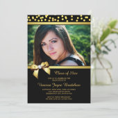 Foto Afstuderen Faux Gold Bow Confetti Black Kaart (Staand voorkant)