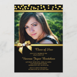 Foto Afstuderen Faux Gold Bow Confetti Black Kaart