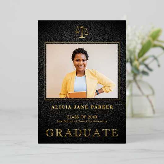 Foto afstuderen formeel afstuderen zwart goud folie uitnodiging (Staand Voorkant)
