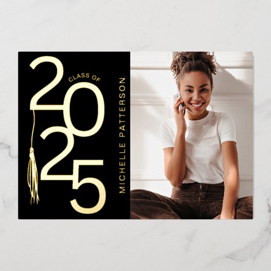 Foto afstuderen goud klas 2025 folie uitnodiging (Voorkant)