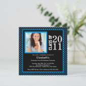Foto Afstuderen Invitation Blue Black Polka Dots Kaart (Staand voorkant)
