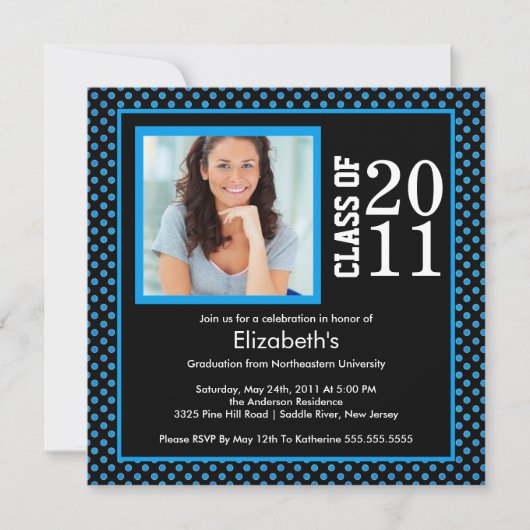 Foto Afstuderen Invitation Blue Black Polka Dots Kaart (Voorkant)