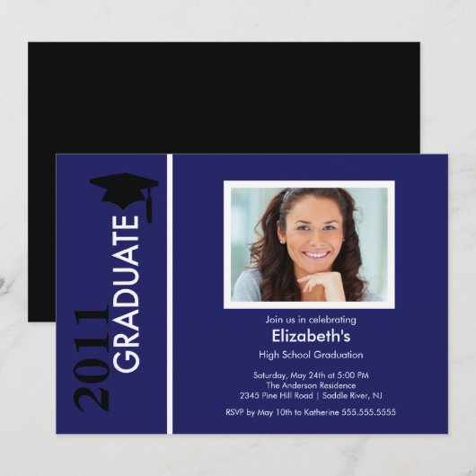 Foto Afstuderen Invitation Classy Blue & Black Kaart (Voorkant / Achterkant)