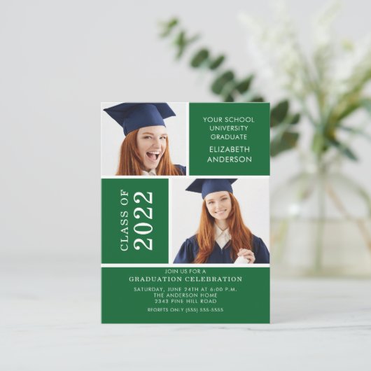 Foto Afstuderen Invitation ~Classy Green & White Briefkaart (Staand voorkant)