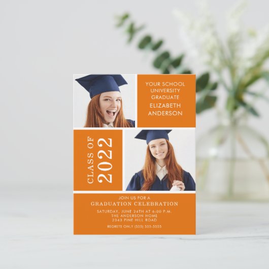 Foto Afstuderen Invitation ~Classy Oranje & White Briefkaart (Staand voorkant)