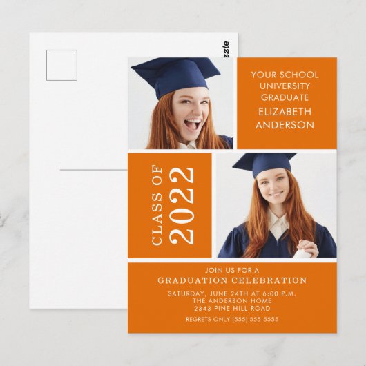 Foto Afstuderen Invitation ~Classy Oranje & White Briefkaart (Voorkant / Achterkant)