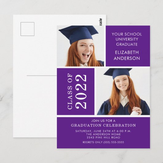 Foto Afstuderen Invitation ~Classy Paars & White Briefkaart (Voorkant / Achterkant)