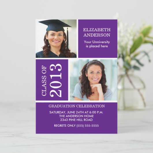 Foto Afstuderen Invitation ~Classy Paars & White Kaart (Staand voorkant)