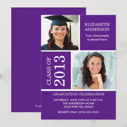 Foto Afstuderen Invitation ~Classy Paars & White Kaart (Voorkant / Achterkant)