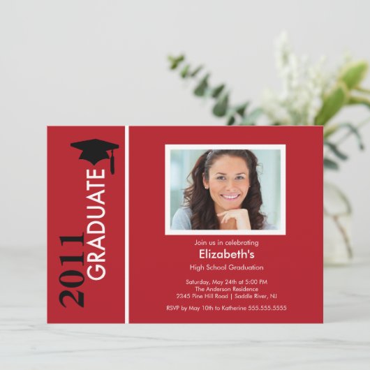 Foto Afstuderen Invitation Classy Red & Black Kaart (Staand voorkant)