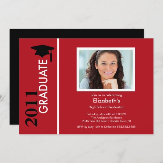 Foto Afstuderen Invitation Classy Red & Black Kaart (Voorkant / Achterkant)