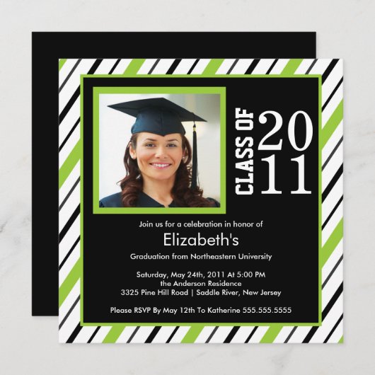 Foto Afstuderen Invitation Limoen Black Stripes Kaart (Voorkant / Achterkant)