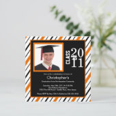 Foto Afstuderen Invitation Oranje Black Stripes Kaart (Staand voorkant)