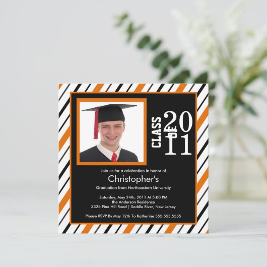 Foto Afstuderen Invitation Oranje Black Stripes Kaart (Staand voorkant)