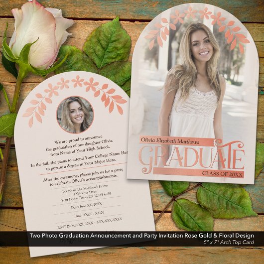 Foto Afstuderen Invitation Roos Gold Floral Kaart
