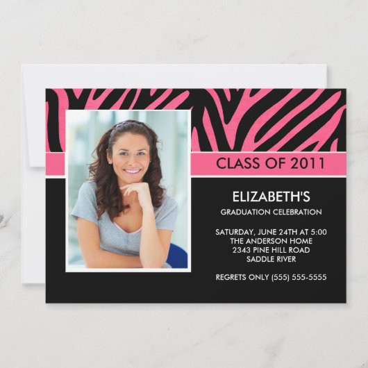 Foto Afstuderen Invitation ~Trendy Pink Zebra Kaart (Voorkant)