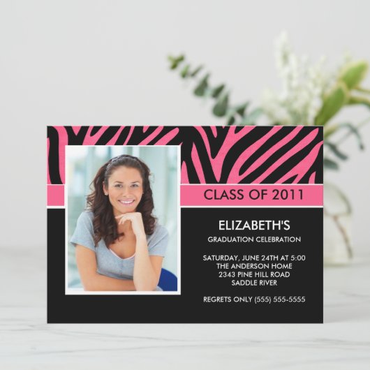 Foto Afstuderen Invitation ~Trendy Pink Zebra Kaart (Staand voorkant)