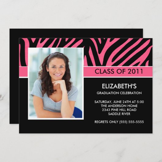 Foto Afstuderen Invitation ~Trendy Pink Zebra Kaart (Voorkant / Achterkant)