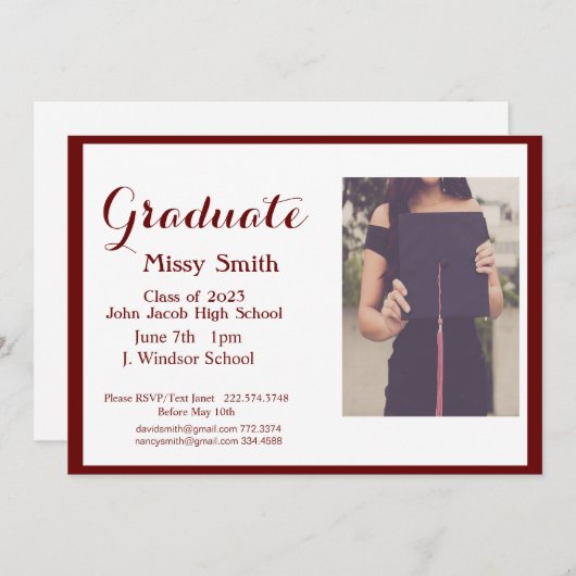 Foto Afstuderen, Klasse van 2024 Maroon Invitation Kaart (Voorkant / Achterkant)