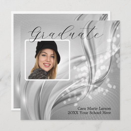 Foto Afstuderen Luxury Silver Metallic Uitnodiging (Voorkant / Achterkant)