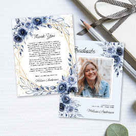 Foto Afstuderen marineblauwe bloemen Dank u Bedankkaart
