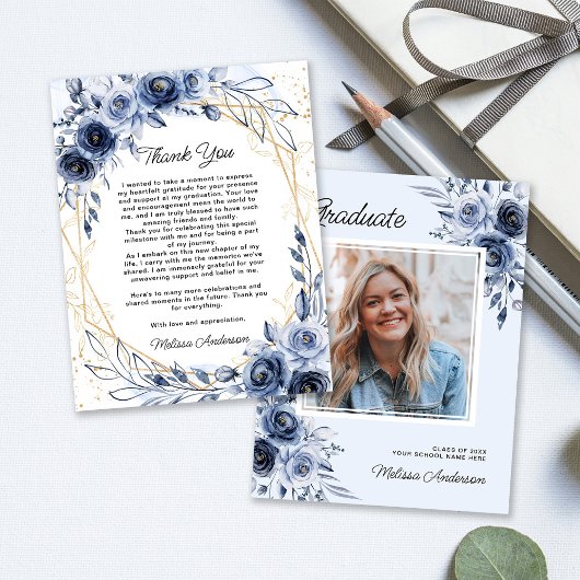 Foto Afstuderen marineblauwe bloemen Dank u Bedankkaart